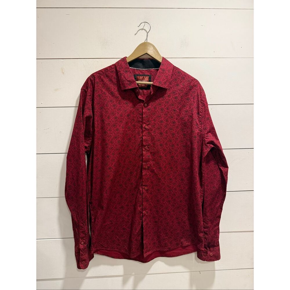 Consequence Men’s Slim Fit Floral Button Up Shirt XL Red Black Long Sleeve Stret